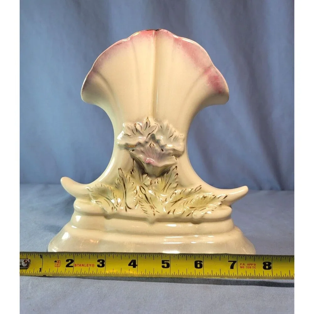 Unique Vase Floral Iridescent Cornucopia Double VTG MCM Ceramic w/ Gold Rim